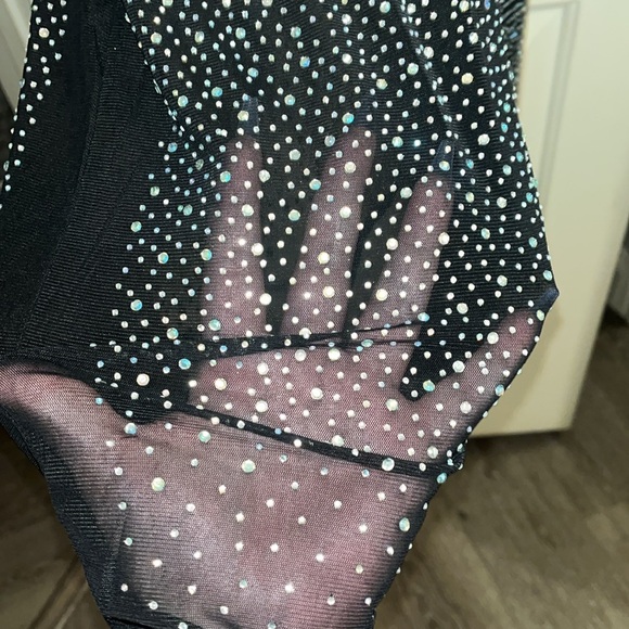 Women’s long sleeve, biker short, 1 piece sheer bodysuit with rhinestones - Picture 4 of 16